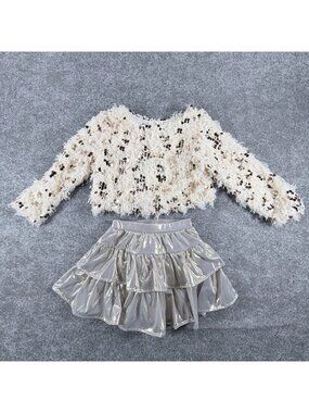 Peek Curious Fuzzy Sweater Skirt Set Girls 4/5 Ivory & Gray Sequins‎ Detail Y2K